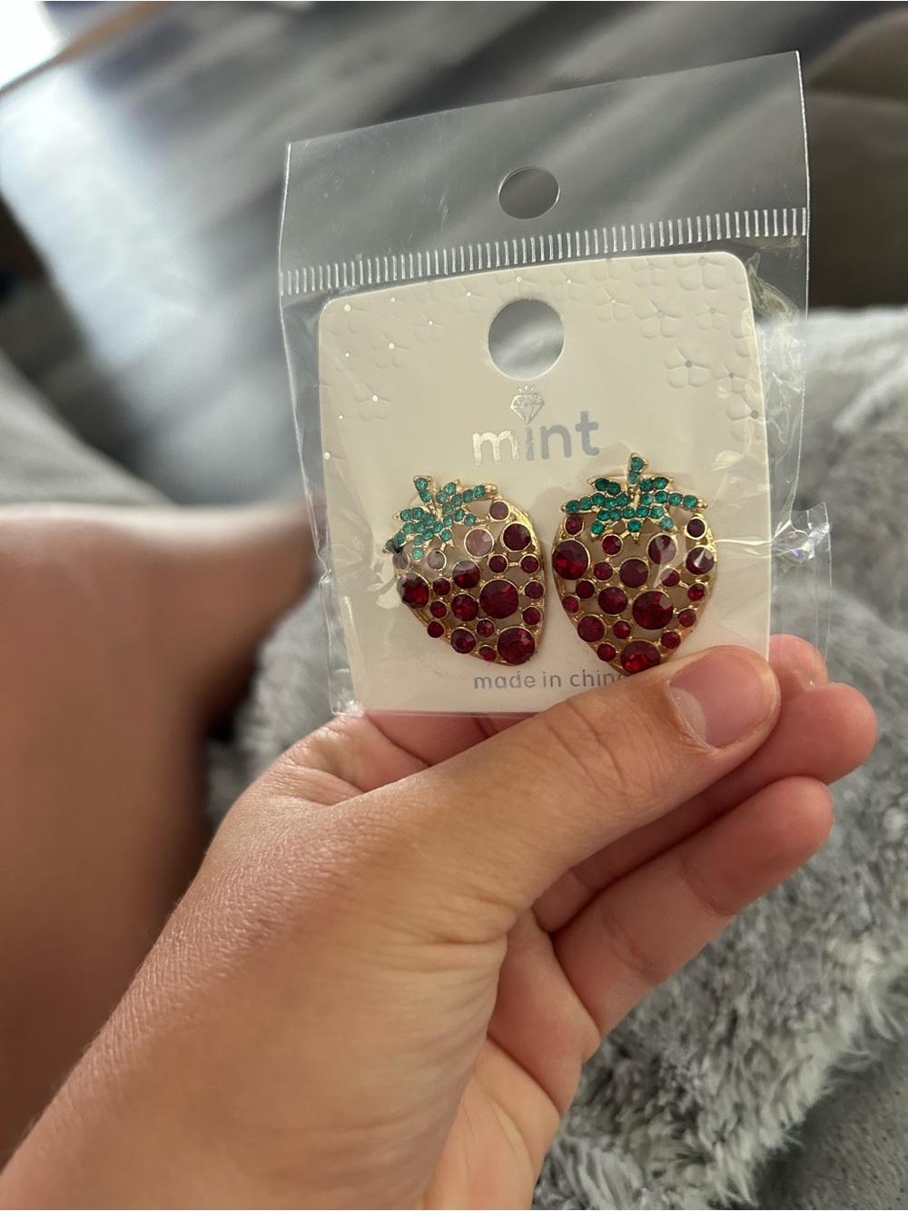 4/$50 Mint Strawberry Crystal Stud Earrings - Red & Green Accents